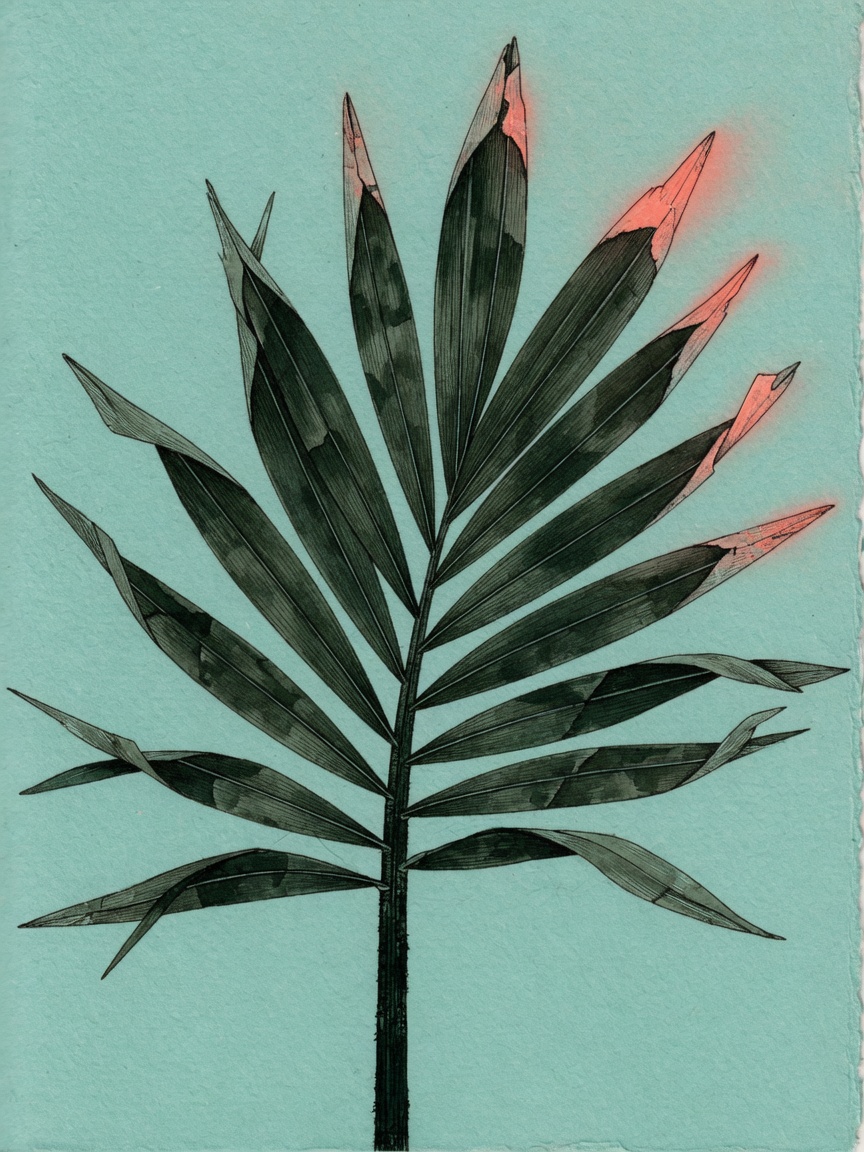 A palm leaf drawn in ink on sea-glass paper, coral at the tips.